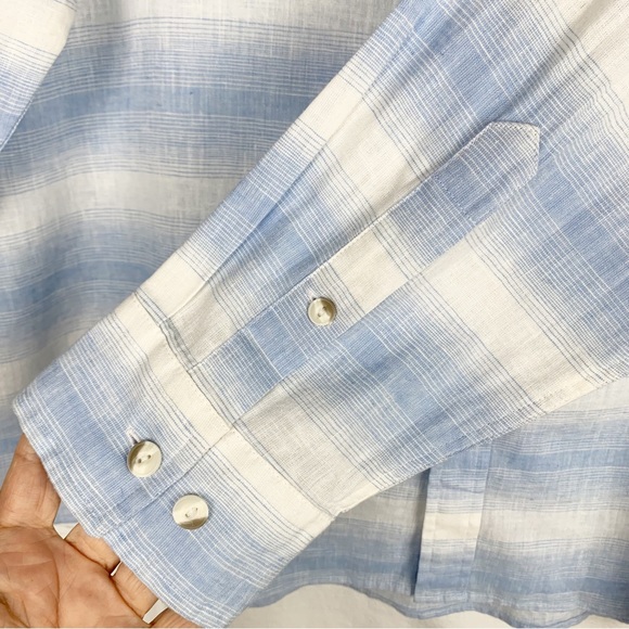Even Tide Linen Blend Blue White Stripes Button Down Shirt Size Large - Picture 6 of 8